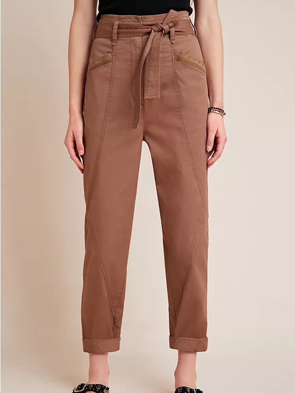 Anthropologie Ellie Embroidered Utility Pants Tan
